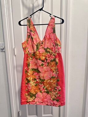Tracy Feith Coral Pink Tropical-Print Mini Dress